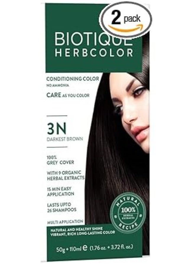 Biotique Herbcolor Conditioning Hair Colour l Ammonia Free Hair Color l 9 Organic Herbal Extracts l Natural and Healthy Shine l 50g + 110ml| Darkest Brown 3N (Pack of 2) - Image 1